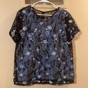 Large Christopher & Banks Blue Striped Floral Short Sleeve Top